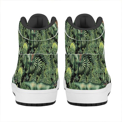 T-Rex Dinosaur And Jurassic Plants Print High Top Leather Sneakers