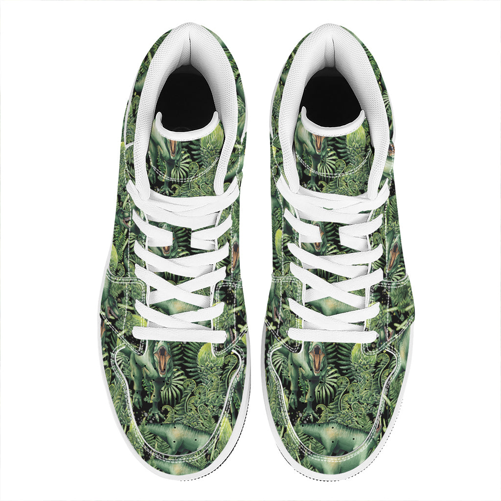 T-Rex Dinosaur And Jurassic Plants Print High Top Leather Sneakers