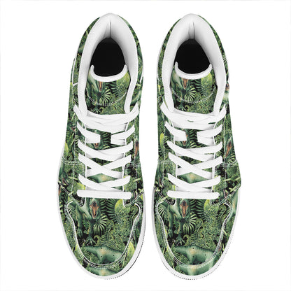 T-Rex Dinosaur And Jurassic Plants Print High Top Leather Sneakers