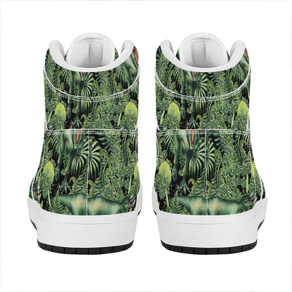T-Rex Dinosaur And Jurassic Plants Print High Top Leather Sneakers