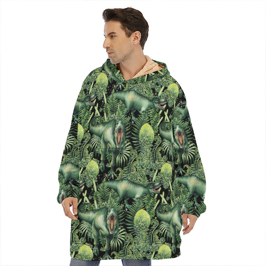 T-Rex Dinosaur And Jurassic Plants Print Hoodie Blanket
