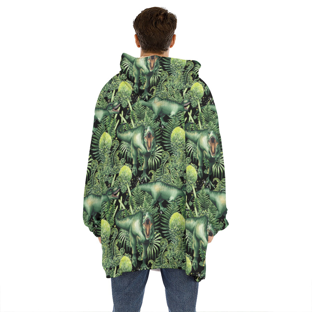 T-Rex Dinosaur And Jurassic Plants Print Hoodie Blanket