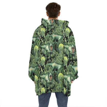 T-Rex Dinosaur And Jurassic Plants Print Hoodie Blanket