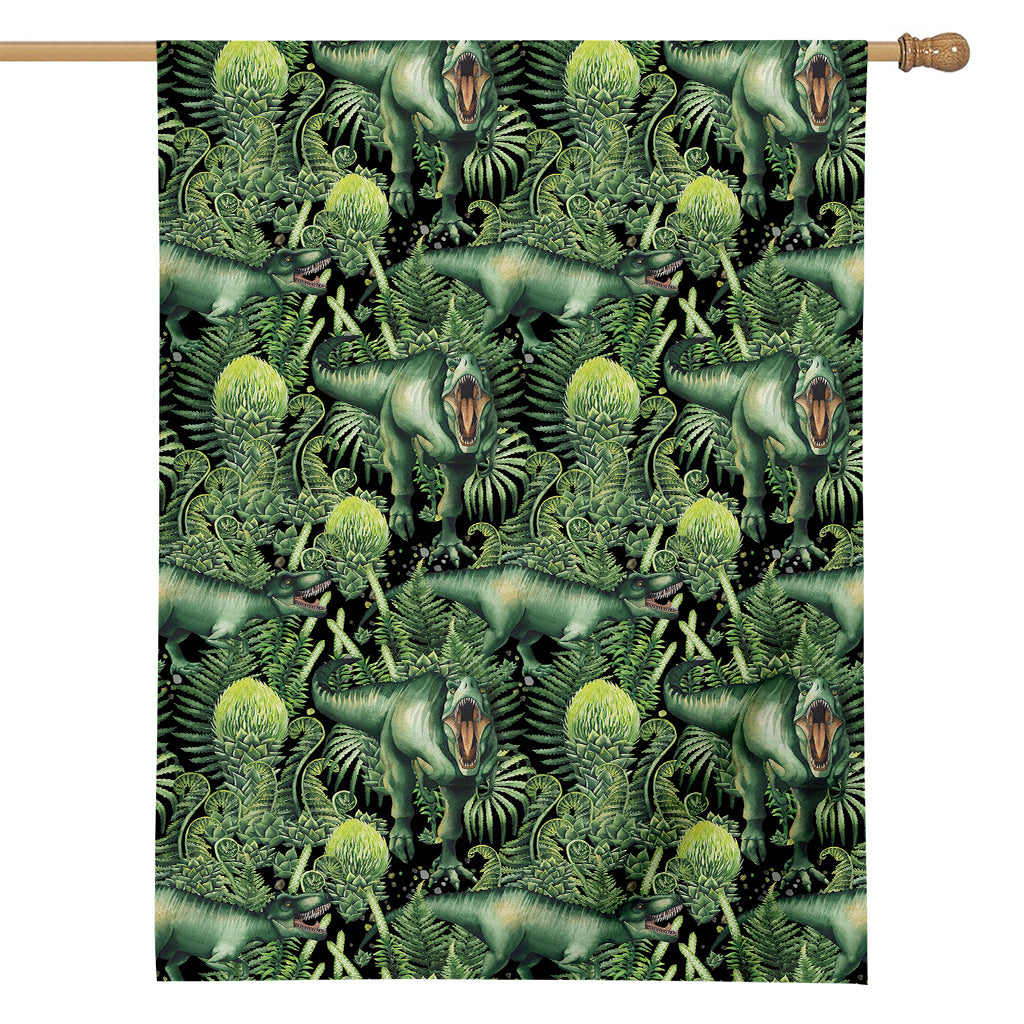 T-Rex Dinosaur And Jurassic Plants Print House Flag