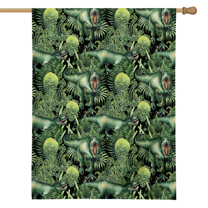 T-Rex Dinosaur And Jurassic Plants Print House Flag