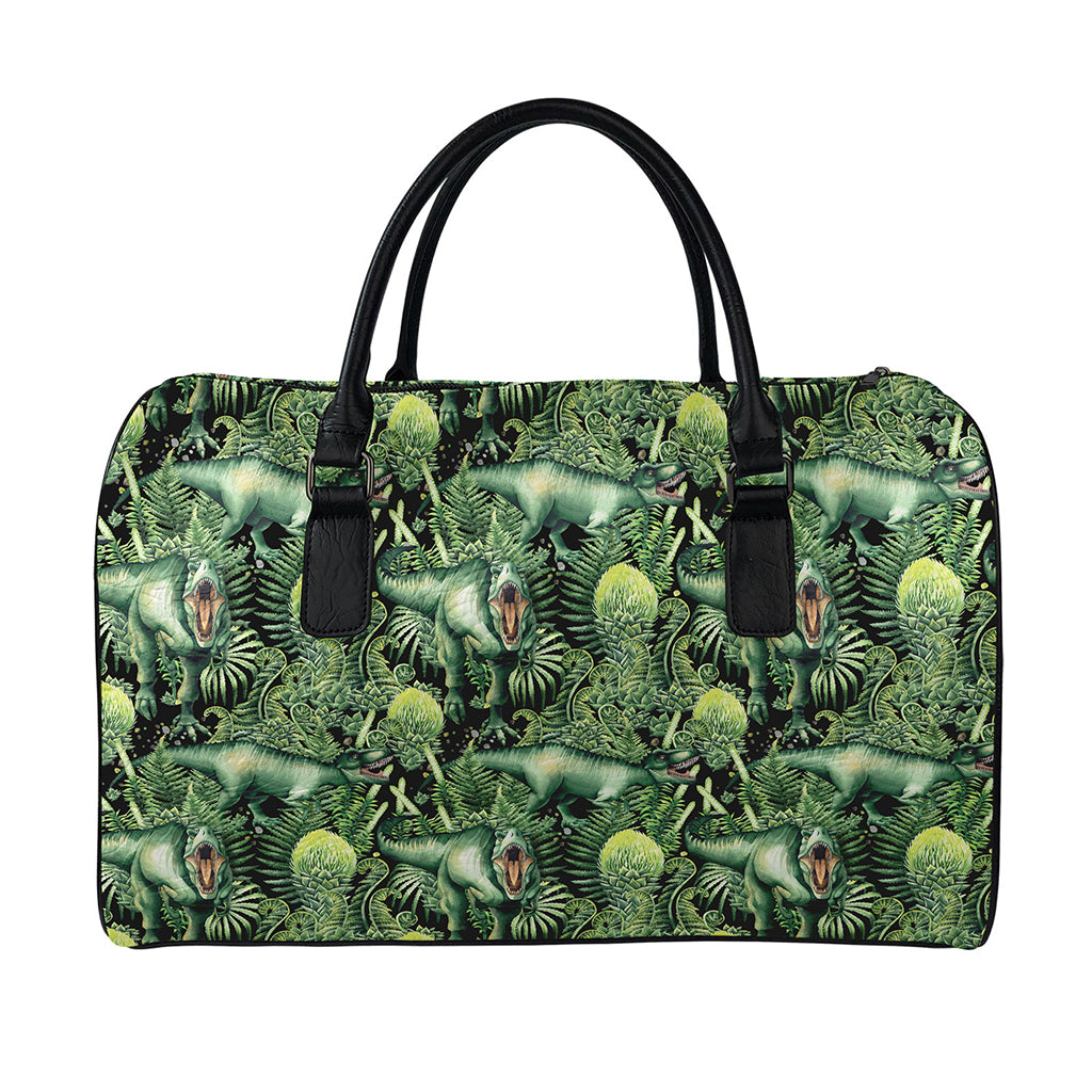 T-Rex Dinosaur And Jurassic Plants Print Leather Duffle Bag