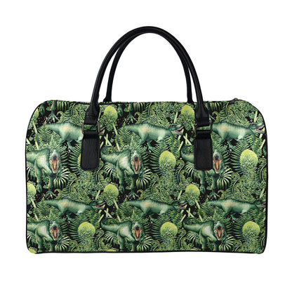 T-Rex Dinosaur And Jurassic Plants Print Leather Duffle Bag