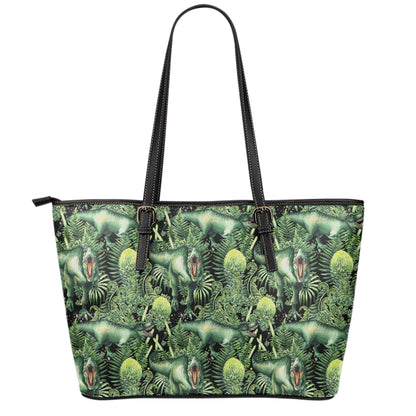 T-Rex Dinosaur And Jurassic Plants Print Leather Tote Bag