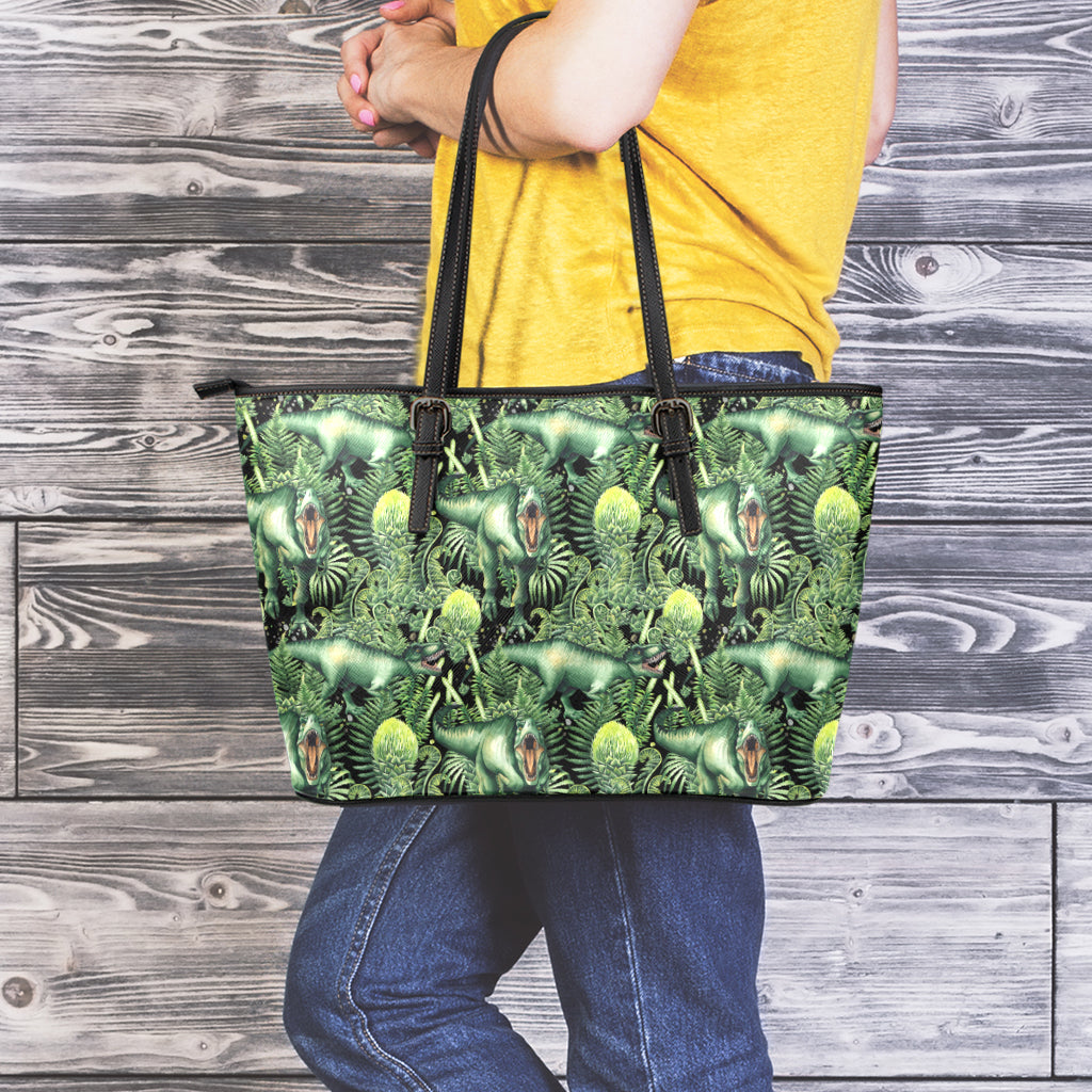 T-Rex Dinosaur And Jurassic Plants Print Leather Tote Bag