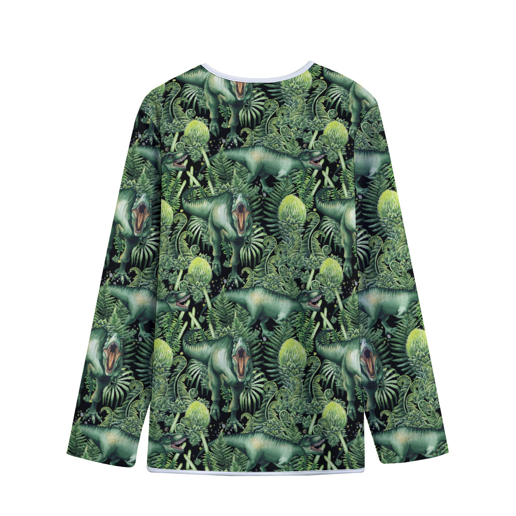 T-Rex Dinosaur And Jurassic Plants Print Long Sleeve Short Coat