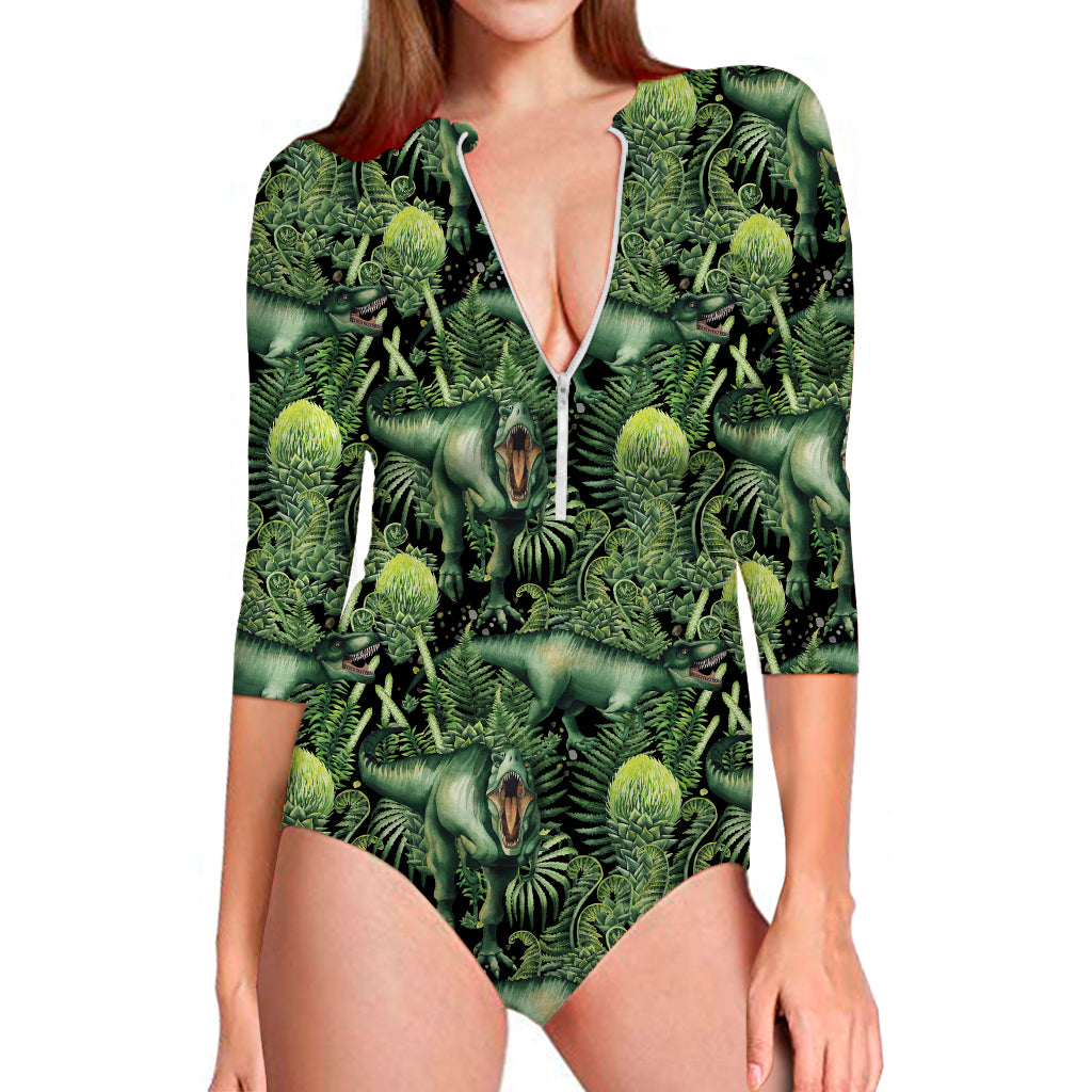 T-Rex Dinosaur And Jurassic Plants Print Long Sleeve Swimsuit