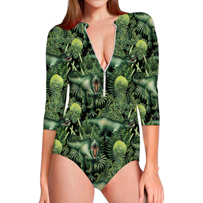 T-Rex Dinosaur And Jurassic Plants Print Long Sleeve Swimsuit