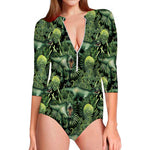 T-Rex Dinosaur And Jurassic Plants Print Long Sleeve Swimsuit
