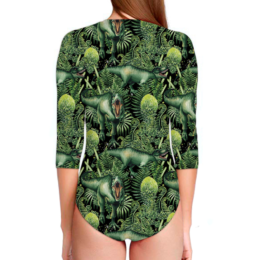 T-Rex Dinosaur And Jurassic Plants Print Long Sleeve Swimsuit