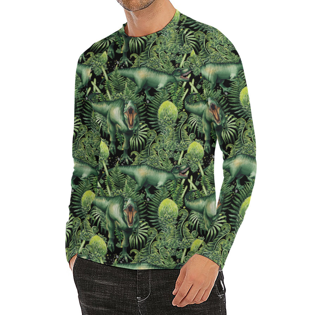 T-Rex Dinosaur And Jurassic Plants Print Men's Long Sleeve Rash Guard