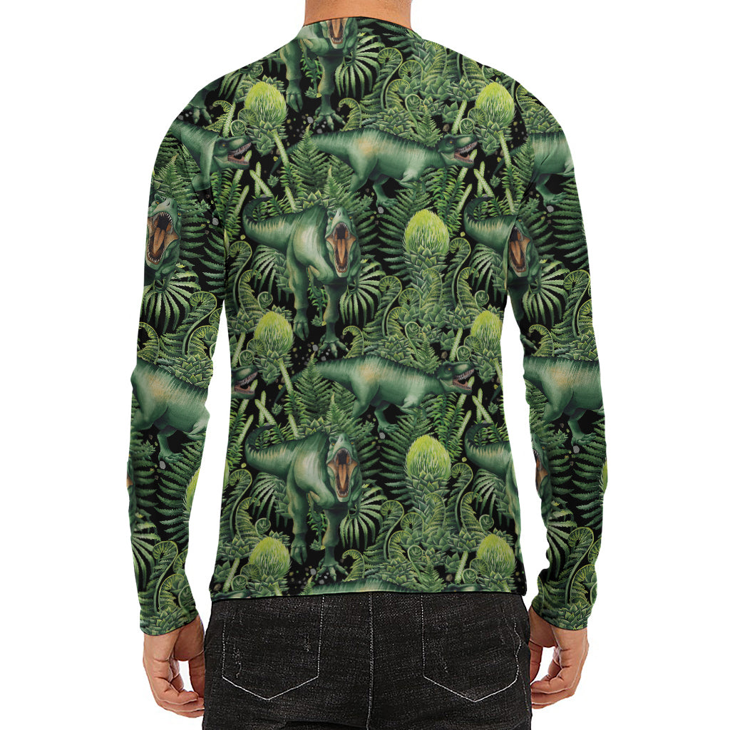 T-Rex Dinosaur And Jurassic Plants Print Men's Long Sleeve Rash Guard