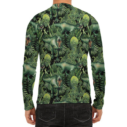 T-Rex Dinosaur And Jurassic Plants Print Men's Long Sleeve Rash Guard