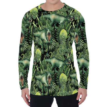 T-Rex Dinosaur And Jurassic Plants Print Men's Long Sleeve T-Shirt