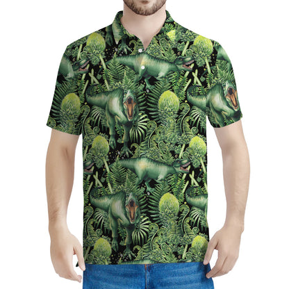 T-Rex Dinosaur And Jurassic Plants Print Men's Polo Shirt