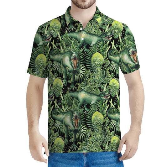 T-Rex Dinosaur And Jurassic Plants Print Men's Polo Shirt