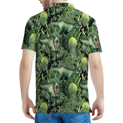 T-Rex Dinosaur And Jurassic Plants Print Men's Polo Shirt