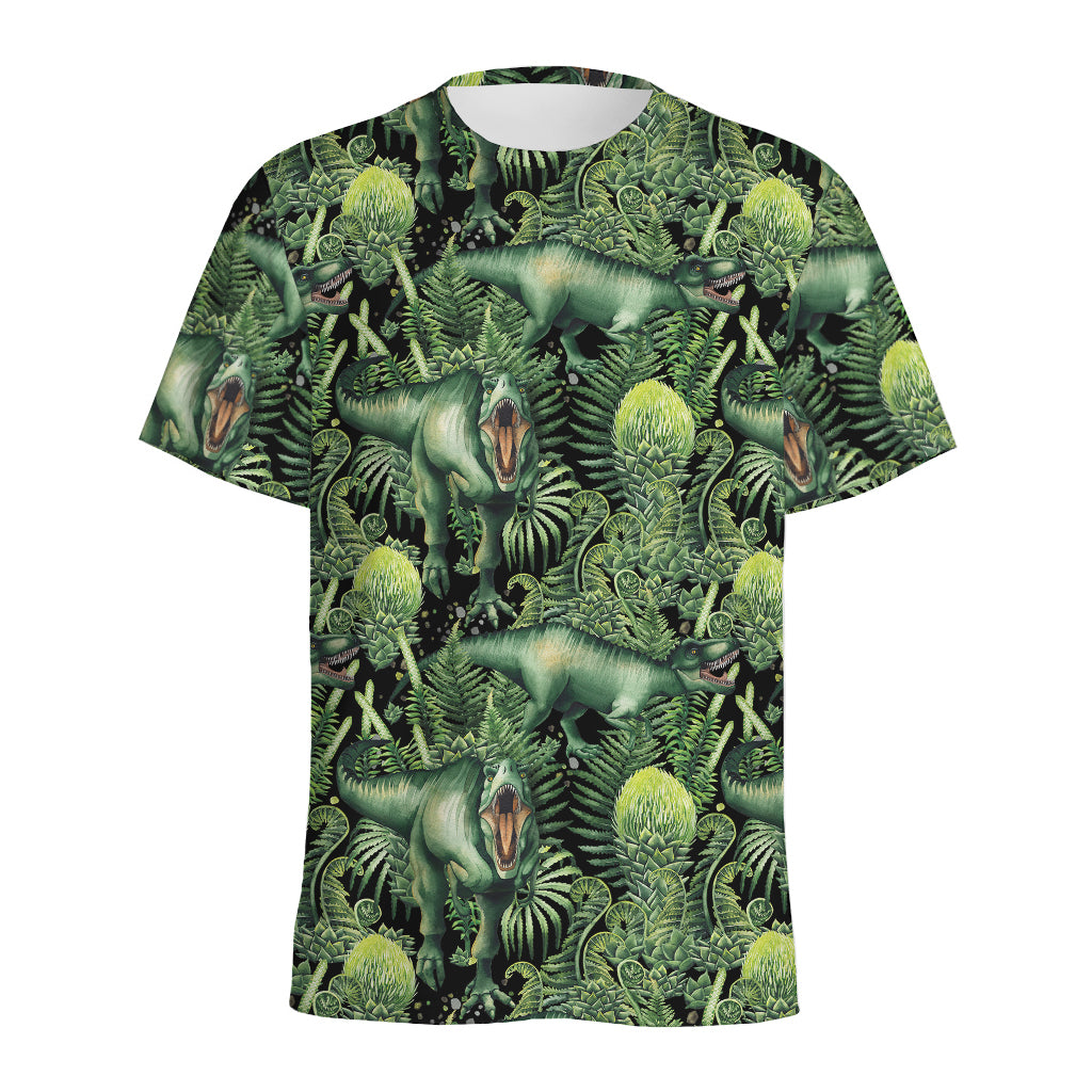 T-Rex Dinosaur And Jurassic Plants Print Men's Sports T-Shirt