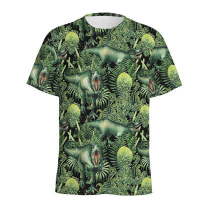 T-Rex Dinosaur And Jurassic Plants Print Men's Sports T-Shirt