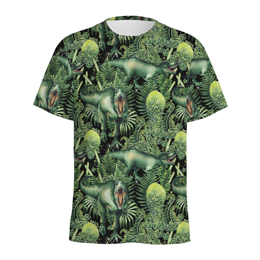 T-Rex Dinosaur And Jurassic Plants Print Men's Sports T-Shirt