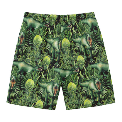 T-Rex Dinosaur And Jurassic Plants Print Men's Swim Trunks