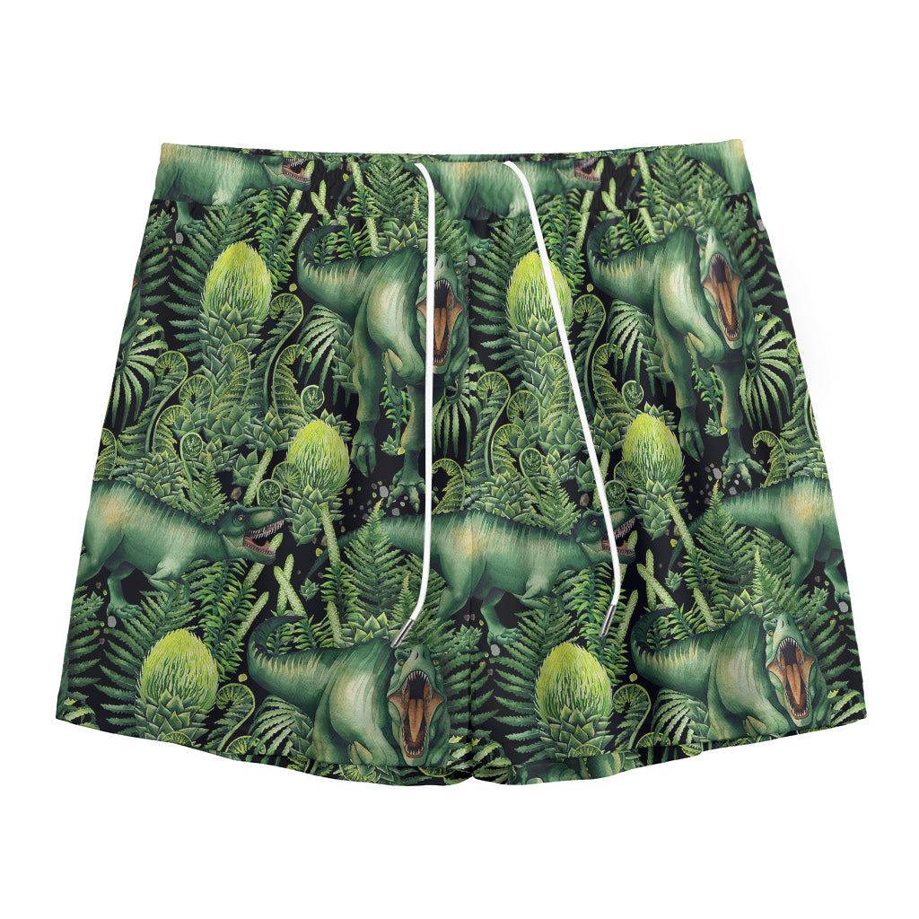 T-Rex Dinosaur And Jurassic Plants Print Mesh Shorts