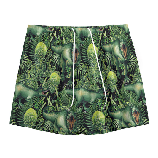 T-Rex Dinosaur And Jurassic Plants Print Mesh Shorts