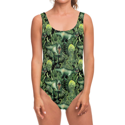 T-Rex Dinosaur And Jurassic Plants Print One Piece Swimsuit