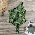 T-Rex Dinosaur And Jurassic Plants Print One Shoulder Bodysuit
