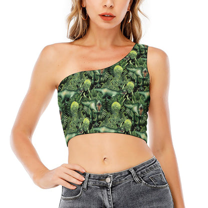 T-Rex Dinosaur And Jurassic Plants Print One Shoulder Crop Top