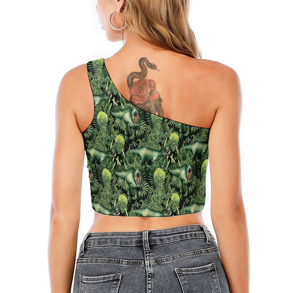 T-Rex Dinosaur And Jurassic Plants Print One Shoulder Crop Top