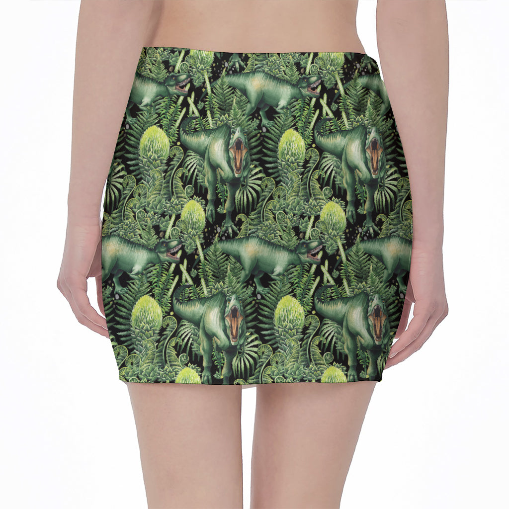 T-Rex Dinosaur And Jurassic Plants Print Pencil Mini Skirt