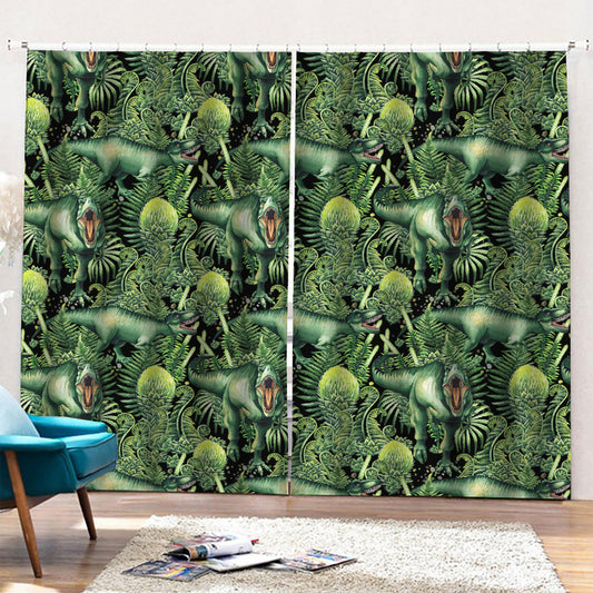 T-Rex Dinosaur And Jurassic Plants Print Pencil Pleat Curtains