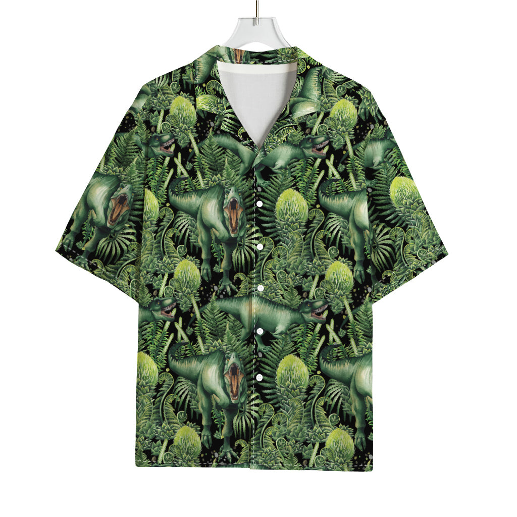 T-Rex Dinosaur And Jurassic Plants Print Rayon Hawaiian Shirt