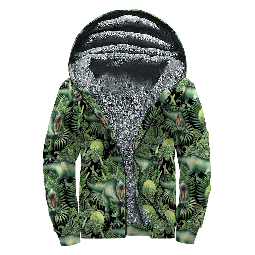 T-Rex Dinosaur And Jurassic Plants Print Sherpa Lined Zip Up Hoodie