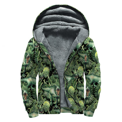 T-Rex Dinosaur And Jurassic Plants Print Sherpa Lined Zip Up Hoodie