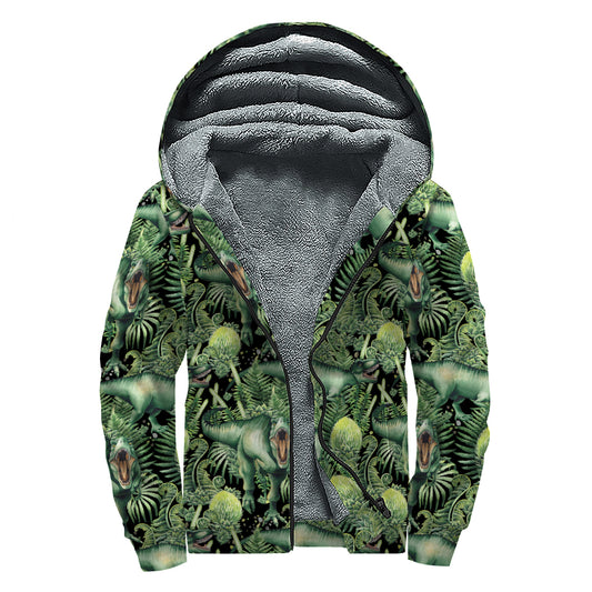T-Rex Dinosaur And Jurassic Plants Print Sherpa Lined Zip Up Hoodie