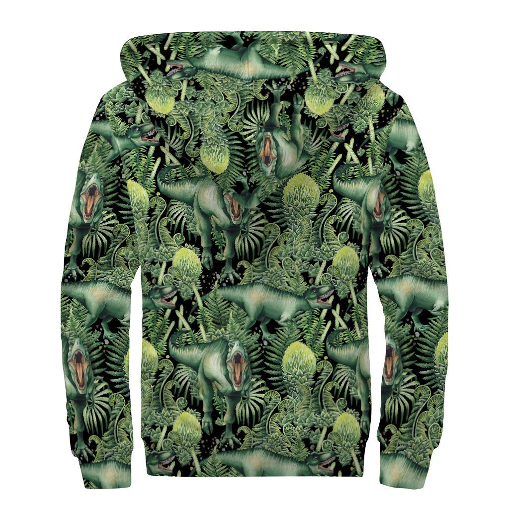 T-Rex Dinosaur And Jurassic Plants Print Sherpa Lined Zip Up Hoodie