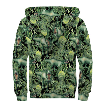 T-Rex Dinosaur And Jurassic Plants Print Sherpa Lined Zip Up Hoodie