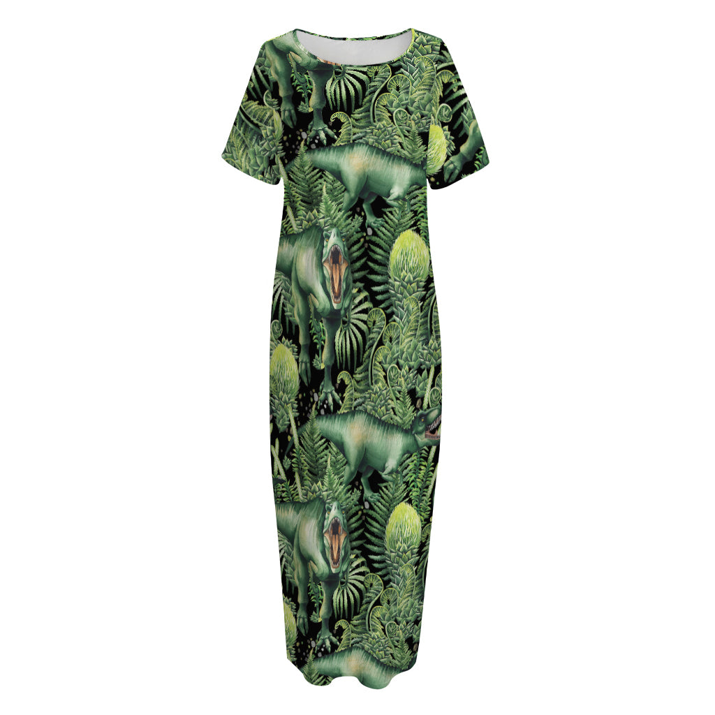 T-Rex Dinosaur And Jurassic Plants Print Short Sleeve Long Nightdress
