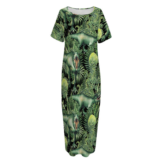 T-Rex Dinosaur And Jurassic Plants Print Short Sleeve Long Nightdress