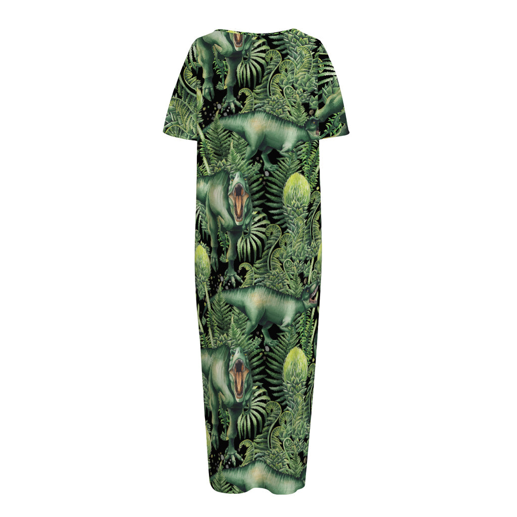 T-Rex Dinosaur And Jurassic Plants Print Short Sleeve Long Nightdress