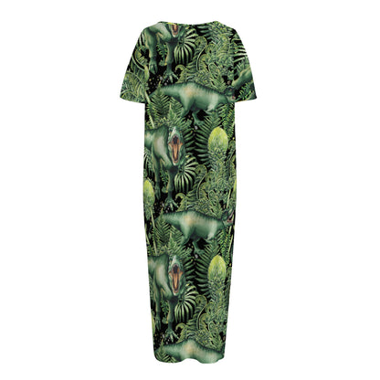 T-Rex Dinosaur And Jurassic Plants Print Short Sleeve Long Nightdress