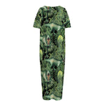 T-Rex Dinosaur And Jurassic Plants Print Short Sleeve Long Nightdress