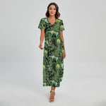 T-Rex Dinosaur And Jurassic Plants Print Short Sleeve Maxi Dress