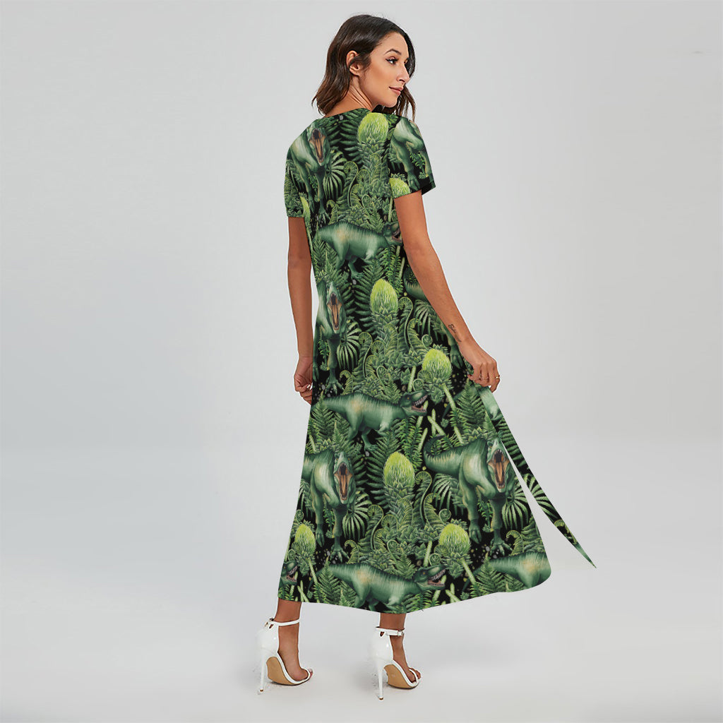 T-Rex Dinosaur And Jurassic Plants Print Short Sleeve Maxi Dress